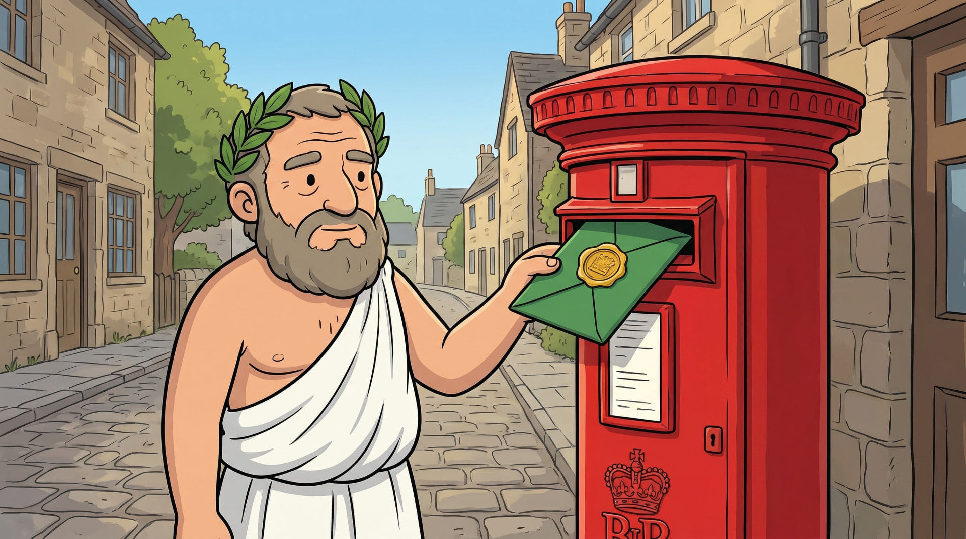 A cartoon Stoic philosopher in a laurel wreath posting a green wax-sealed envelope into a red British postbox